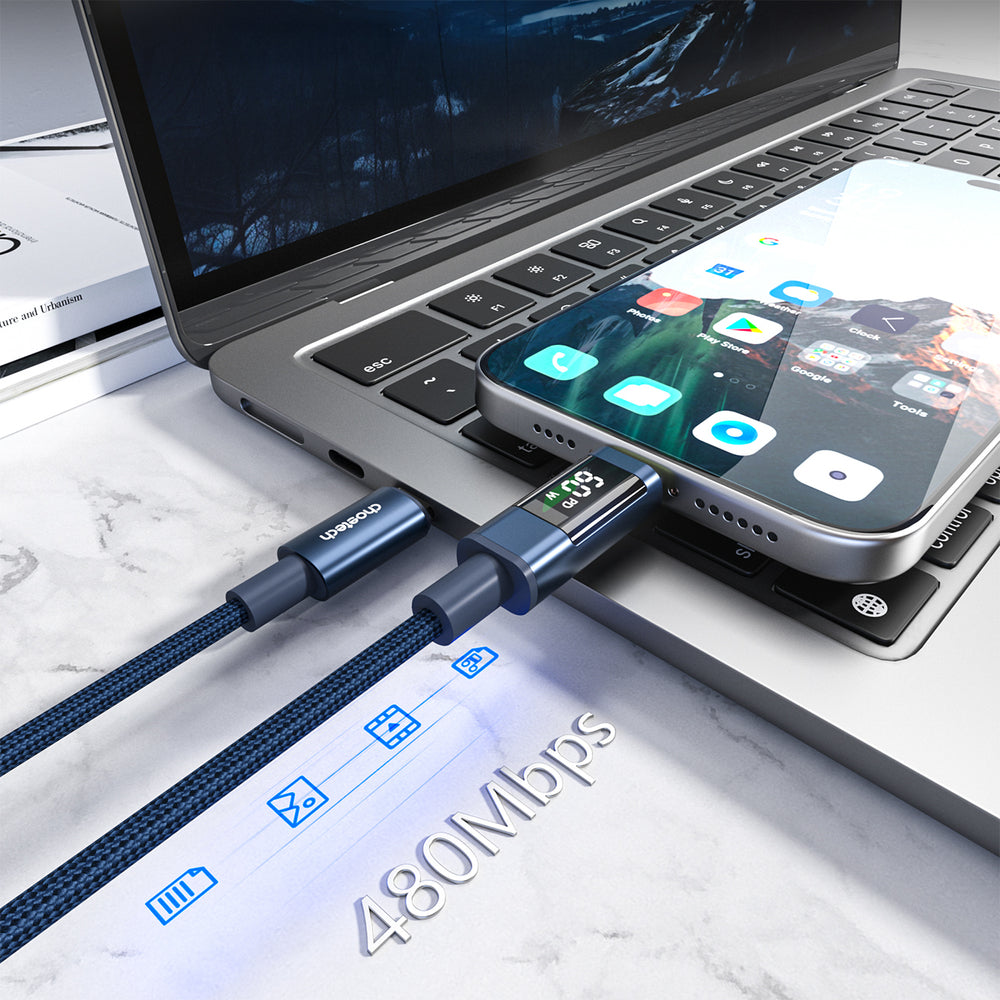 Choetech XCC-1068 PD 60W USB-C - USB-C Cable with Display 1.2 m - Blue
