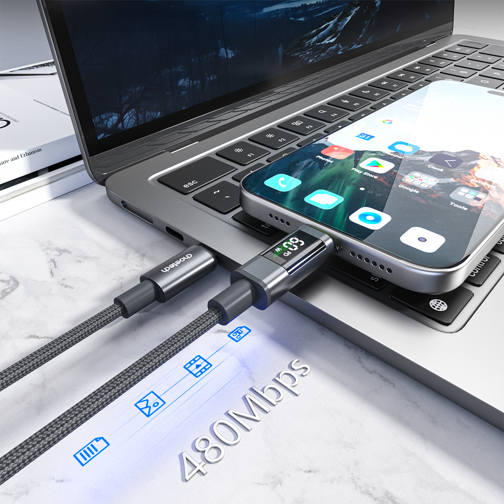 Choetech XCC-1068 PD 60W USB-C - USB-C Cable with Display 1.2 m - Black