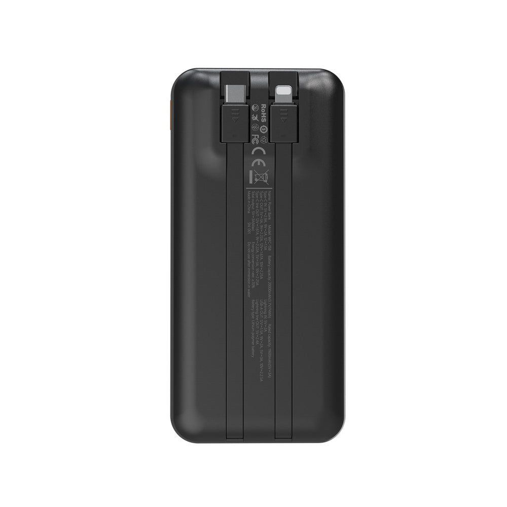 Wozinsky WFC-15B 20000mAh 22.5W PD20W Powerbank med indbygget Lightning og USB-C kabler - sort