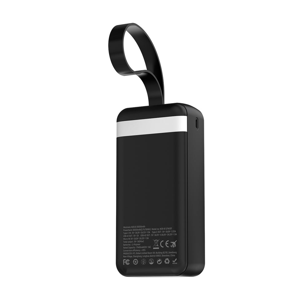 Wozinsky W8-W 30000 mAh 30W Powerbank 2x USB-A og USB-C med lommelygte - sort