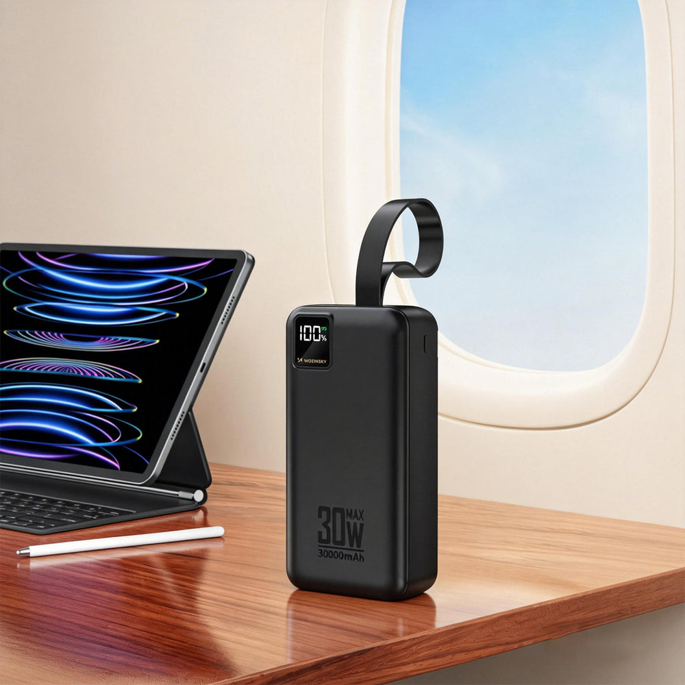 Wozinsky W8-W 30000 mAh 30W Powerbank 2x USB-A og USB-C med lommelygte - sort