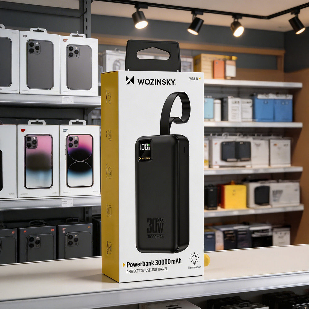 Wozinsky W8-W 30000 mAh 30W Powerbank 2x USB-A og USB-C med lommelygte - sort