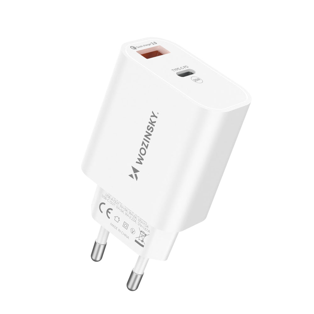Wozinsky WLS-20W 20W USB-A USB-C Wall Charger med 1m USB-C - USB-C-kabel - hvid