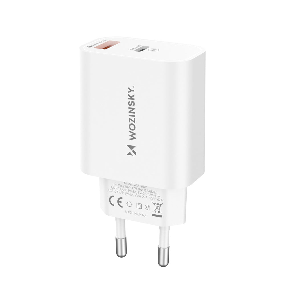 Wozinsky WLS-20W 20W USB-A USB-C Wall Charger med 1m USB-C - USB-C-kabel - hvid