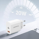 Wozinsky WLS-20W 20W USB-A USB-C Wall Charger med 1m USB-C - USB-C-kabel - hvid