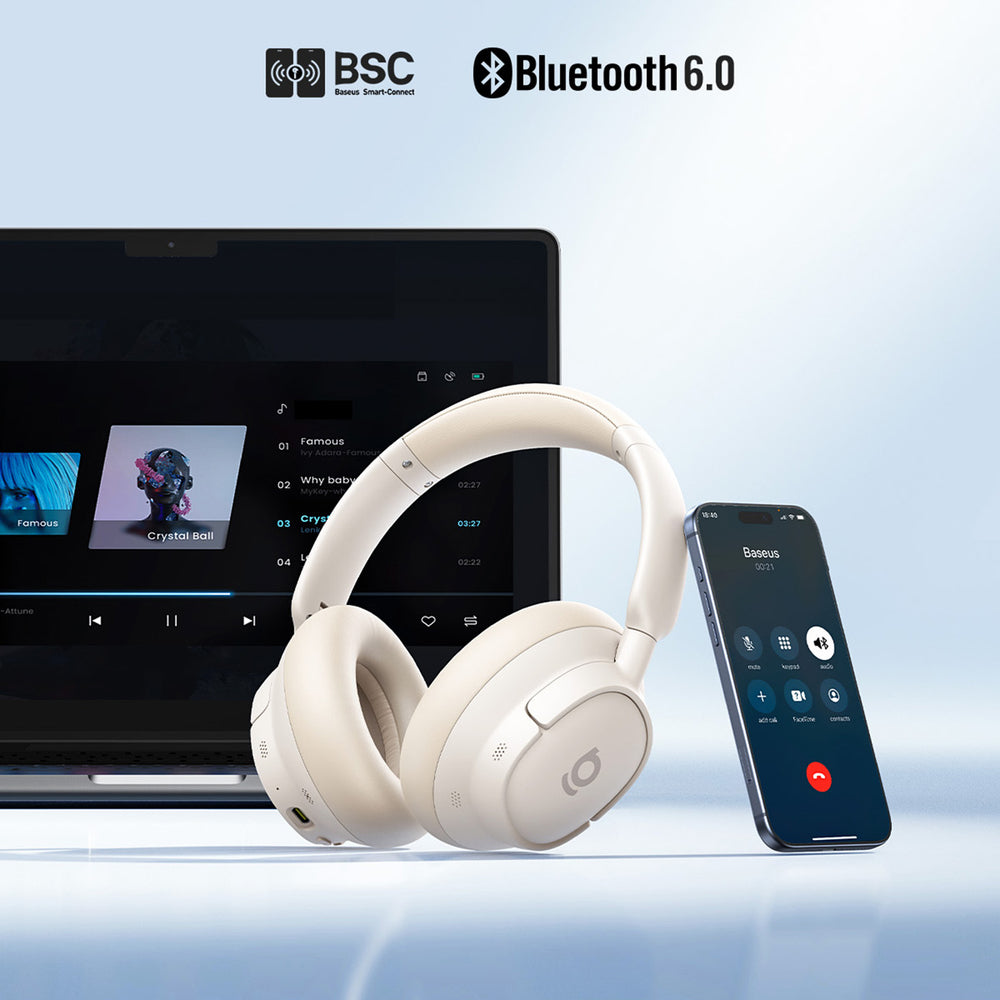 Baseus Bass BH1 NC Lite Wireless Over-Ear Headphones with ANC - White