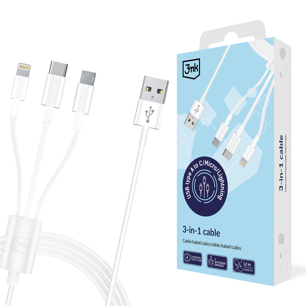 3mk Kabel 3in1 USB-A - mikro USB / Lightning / USB-C 1.2m 20V/2.4A 15W - hvid