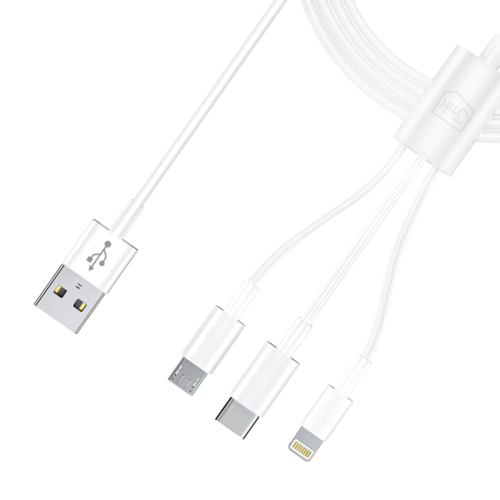 3mk Kabel 3in1 USB-A - mikro USB / Lightning / USB-C 1.2m 20V/2.4A 15W - hvid