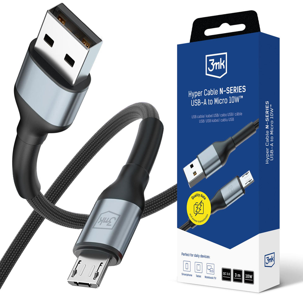 3mk Hyper Cable N-SERIES USB-A / MicroUSB 3m QC 3.0 5V / 2A 10W - sort