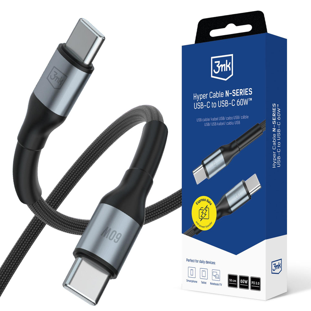 3mk Hyper Cable N-SERIES USB-C / USB-C 50cm PD 3.0 QC 3.0 20V / 3A 60W - sort