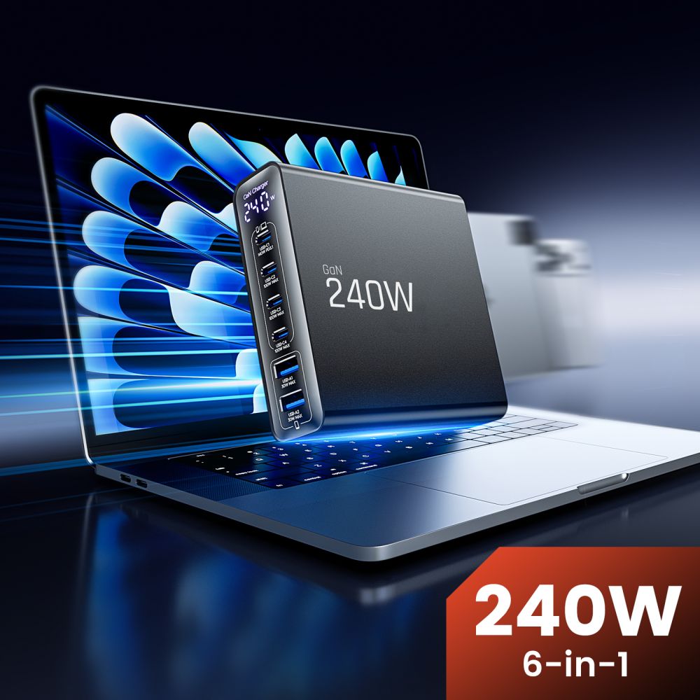 Tech-Protect DC240W-GaN opladningsstation 6 porte 4 x USB-C 2 x USB-A 240W QC3.0 - sort