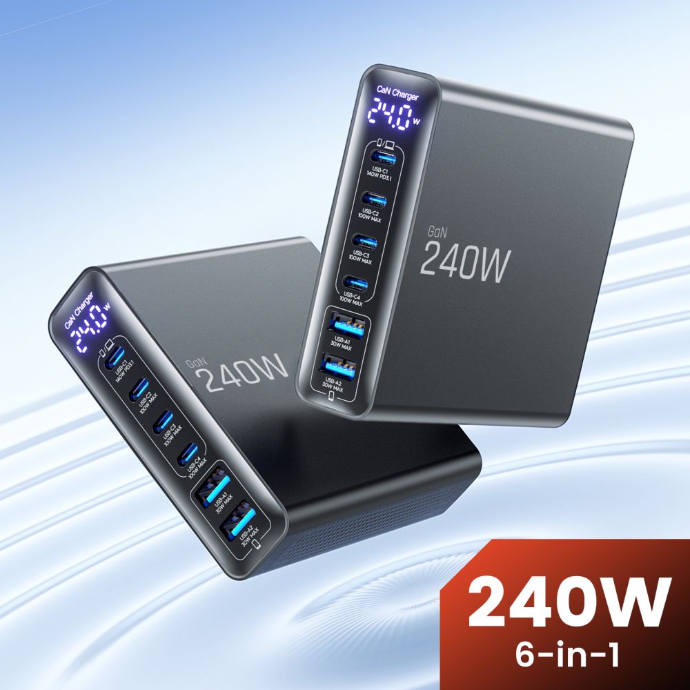 Tech-Protect DC240W-GaN opladningsstation 6 porte 4 x USB-C 2 x USB-A 240W QC3.0 - sort