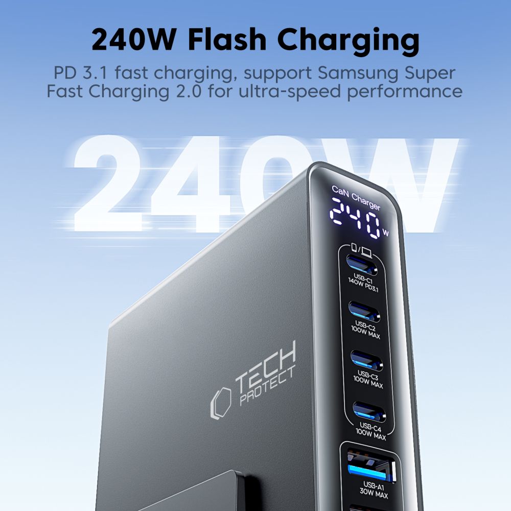 Tech-Protect DC240W-GaN opladningsstation 6 porte 4 x USB-C 2 x USB-A 240W QC3.0 - sort