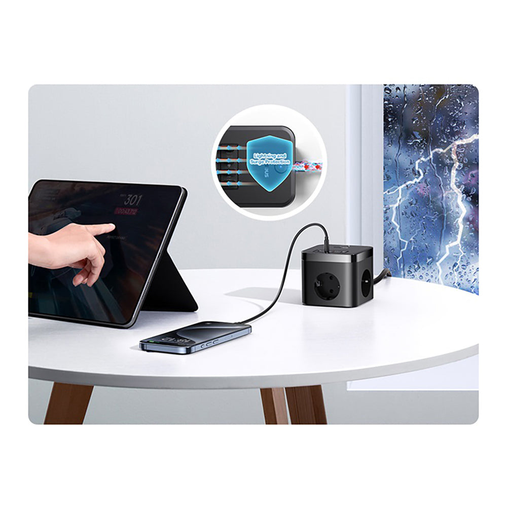 Baseus PowerCombo Cube 30W Power Strip 3xAC 2xUSB-A 2xUSB-C 1.5m - sort