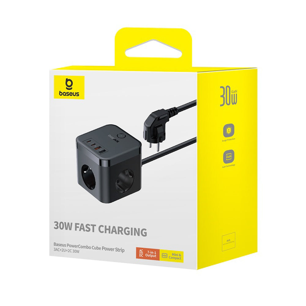 Baseus PowerCombo Cube 30W Power Strip 3xAC 2xUSB-A 2xUSB-C 1.5m - sort