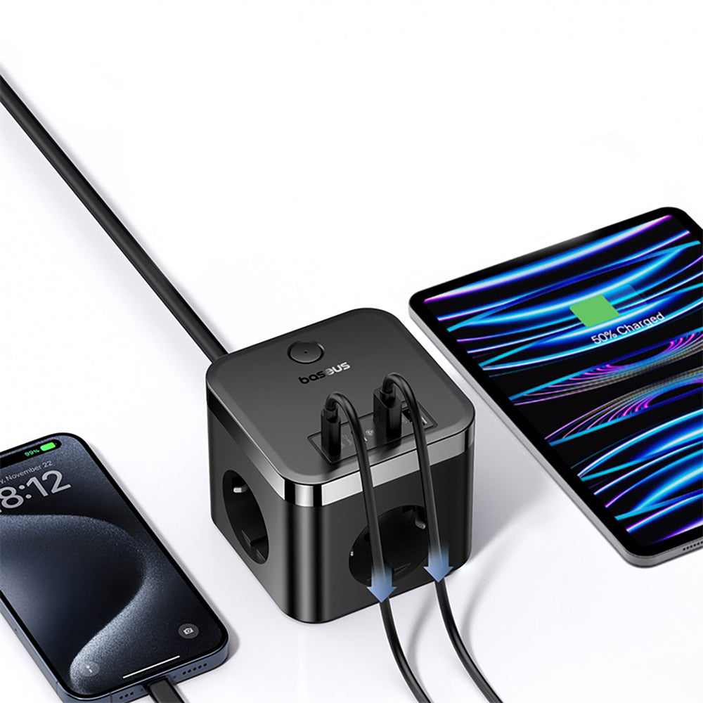 Baseus PowerCombo Cube 30W Power Strip 3xAC 2xUSB-A 2xUSB-C 1.5m - sort