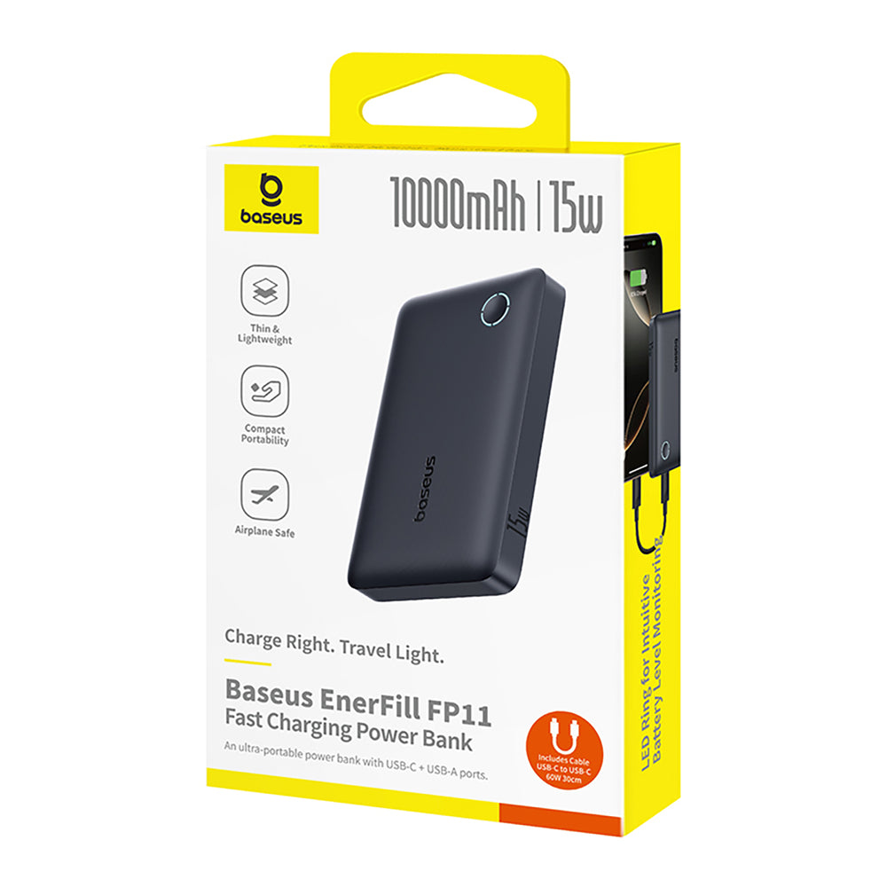 Baseus EnerFill FP11 Power Bank 10000mAh 15W (with black Simple USB-C - USB-C 20V/3A 30cm cable) - black