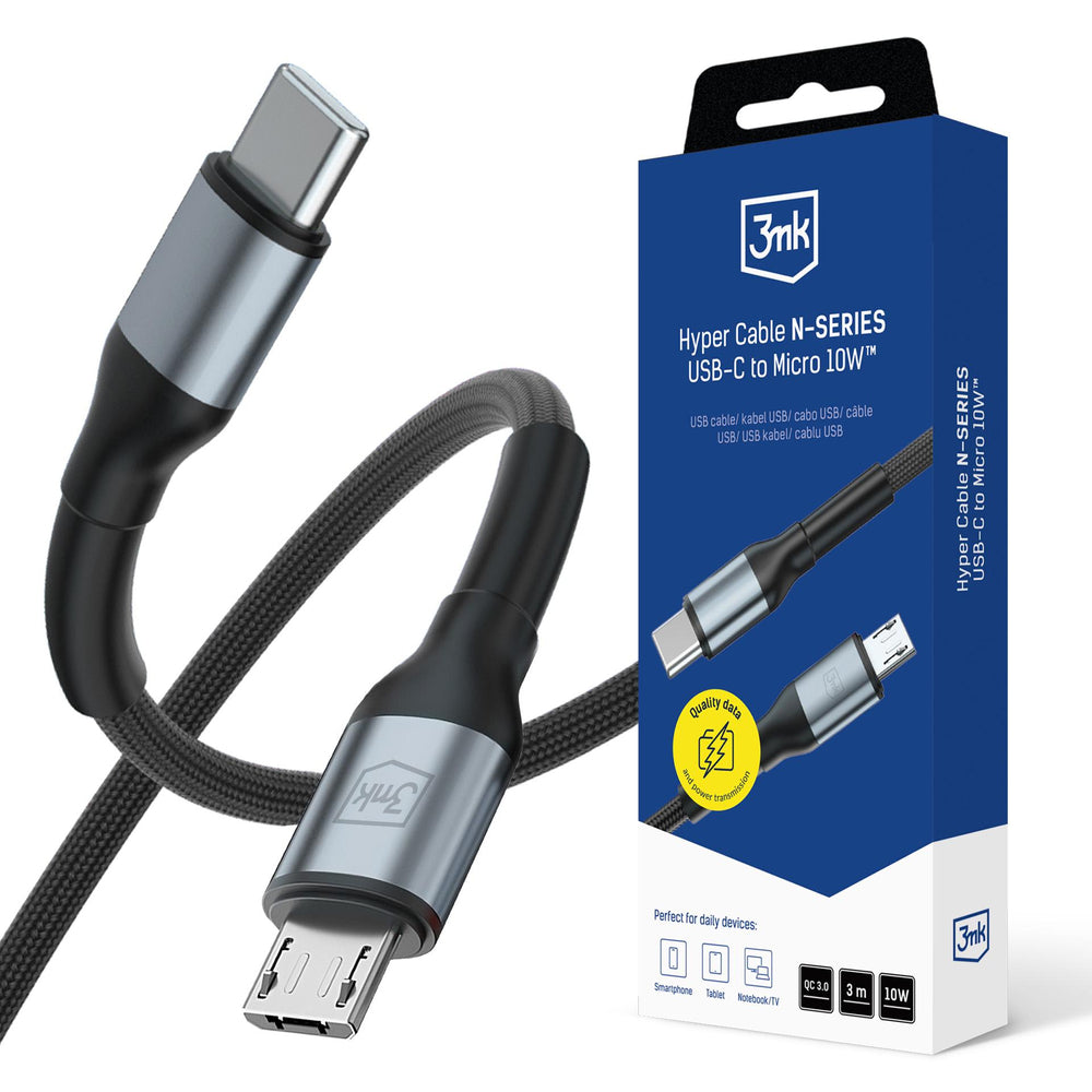 3mk Hyper Cable N-SERIES USB-C / MicroUSB 3m QC 3.0 5V / 2A 10W - sort