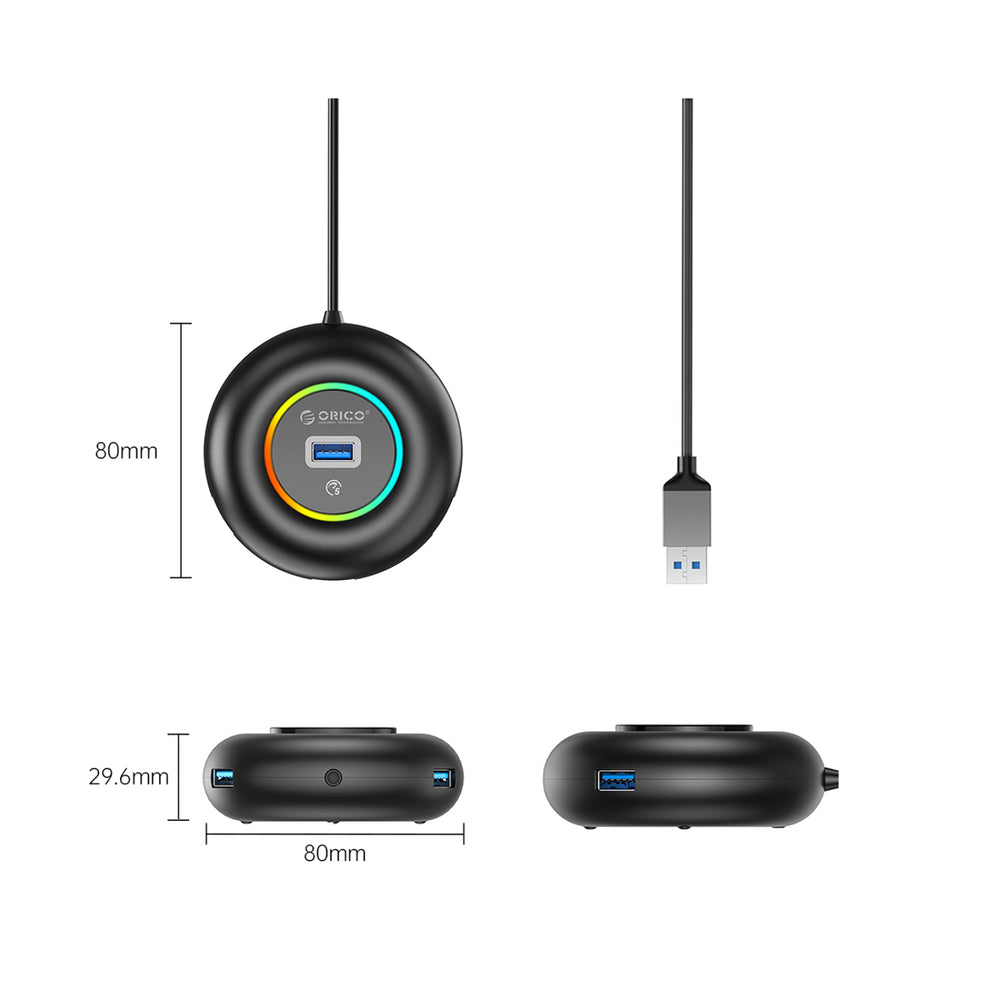 Orico YXR4-U3 RGB USB Hub 4-Port USB-A 3.0 with Audio/Microphone Port 0.3m - Black