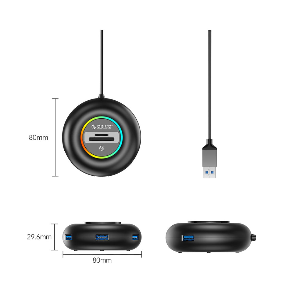 Orico YXR4 RGB USB Hub 4-Port USB-A 3.0 with SD and microSD Reader 1.8m - Black