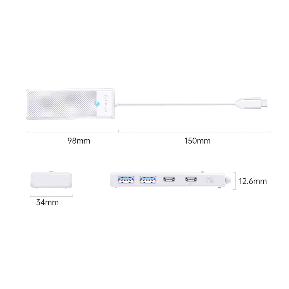 Orico PAPW2AC-C3 USB Hub 4-port 2x USB-A 3.0 1x USB-C 3.0 with USB-C PD 100W charging 0.15m - white