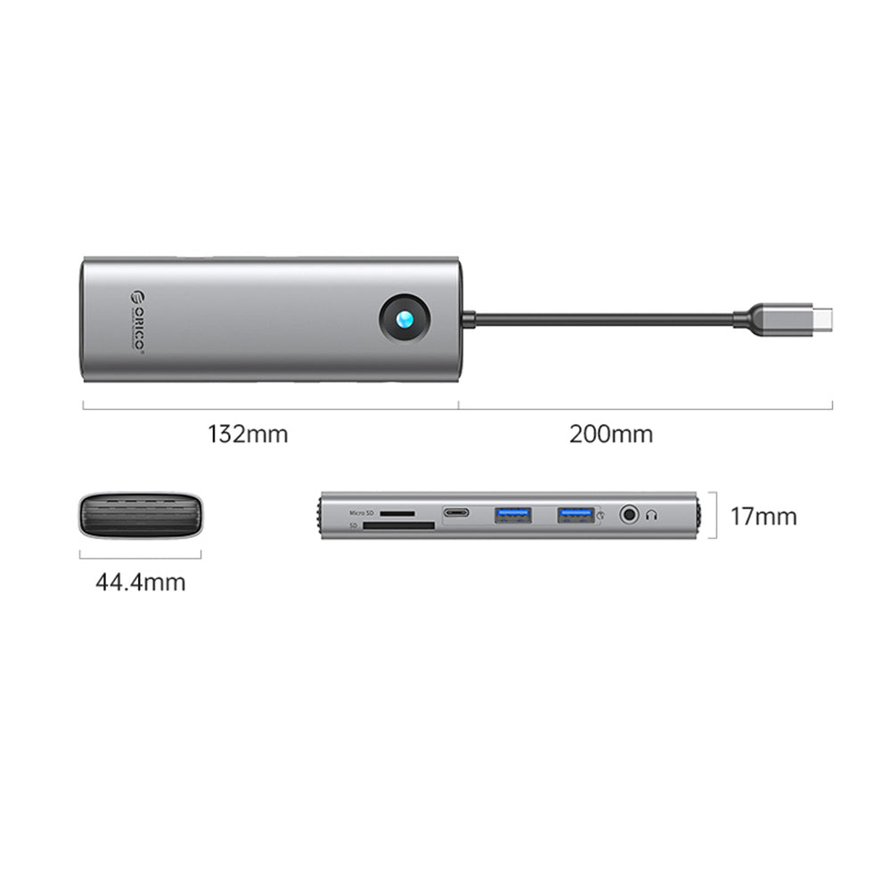 Orico PW11 9in1 USB-C Docking Station 2x USB-A 3.0 1x USB-C 3.0 1x USB-C PD 100 1x HDMI 4K 60Hz 1x microSD/SD 1x RJ45 2.5G Ethernet 1x Audio 3.5 mm - Gray