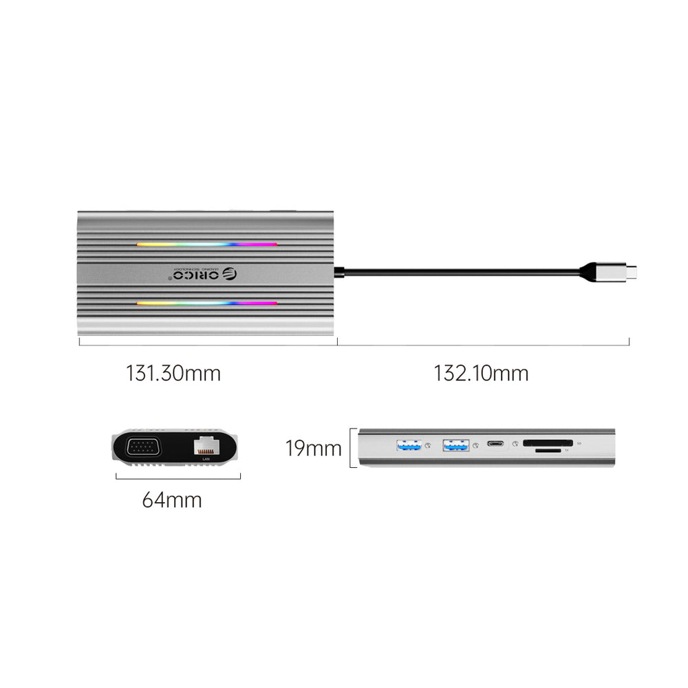 Orico XCR 12in1 RGB USB-C Docking Station 3x USB-A USB-C PD 100W HDMI 4K VGA RJ45 Gigabit SD and microSD Card Reader - Silver