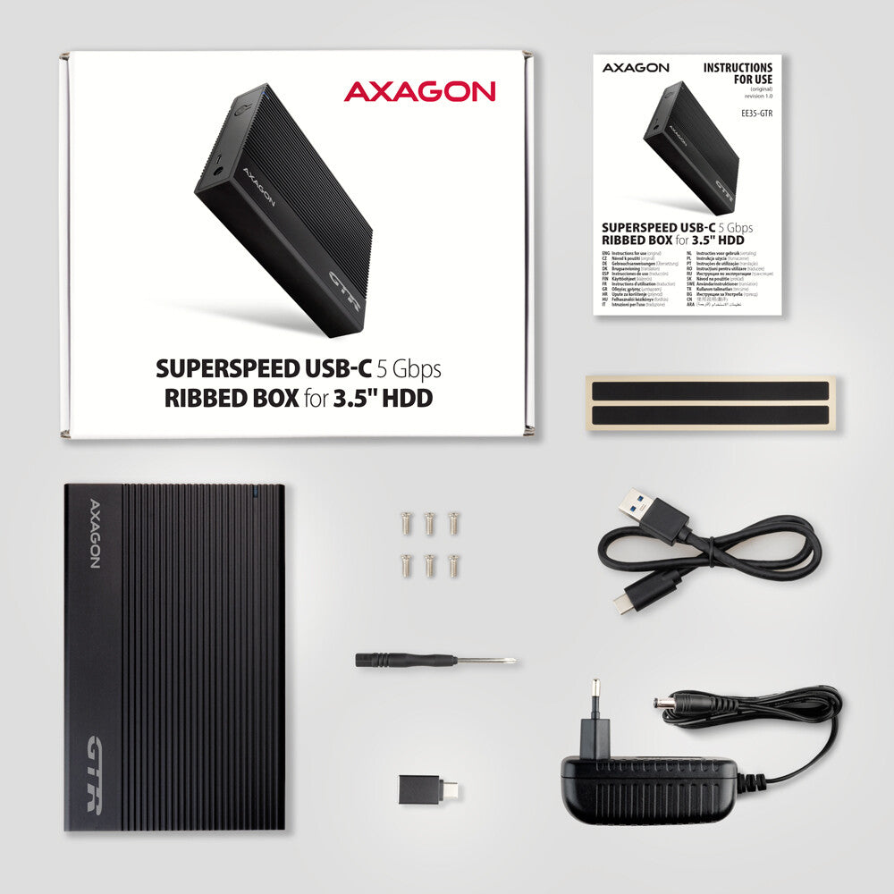 Axagon EE35-GTR USB-C 5Gbps - SATA 6G, 3.5 RIBBED box BLACK - USB Typ C HDD kabinet Sort 3.5"