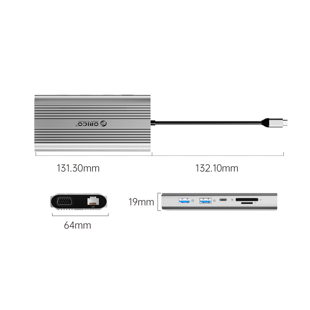 Orico XDR 12in1 USB-C Docking Station USB-A USB-C HDMI 4K VGA RJ45 Gigabit PD 100W SD and microSD Card Reader - Silver