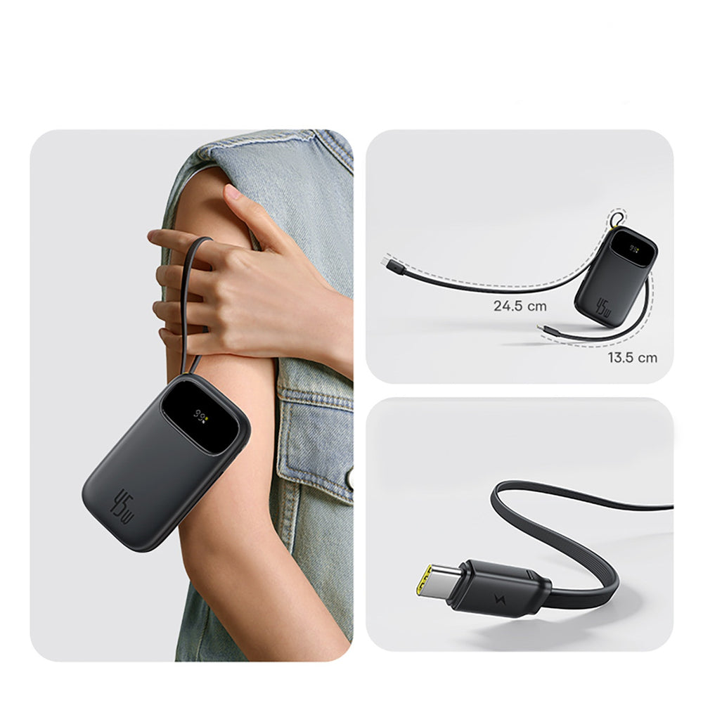 Baseus EnerFill FC31 QPow3 10000mAh 45W Power Bank with Digital Display with 2 Built-in USB-C Cables - Black