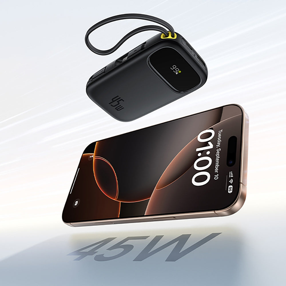 Baseus EnerFill FC31 QPow3 10000mAh 45W Power Bank with Digital Display with 2 Built-in USB-C Cables - Black
