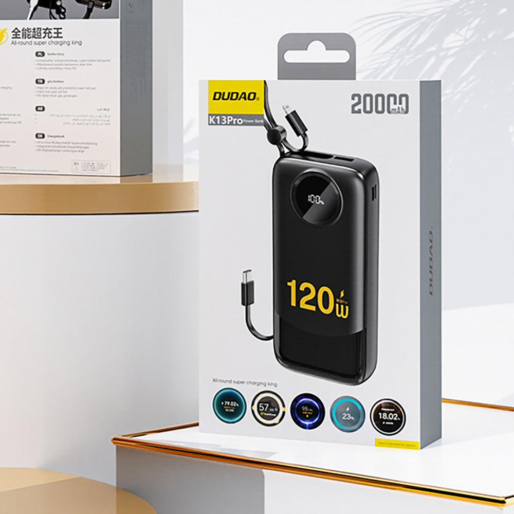 Dudao K13 10000mAh Powerbank with Built-in Cable - Black