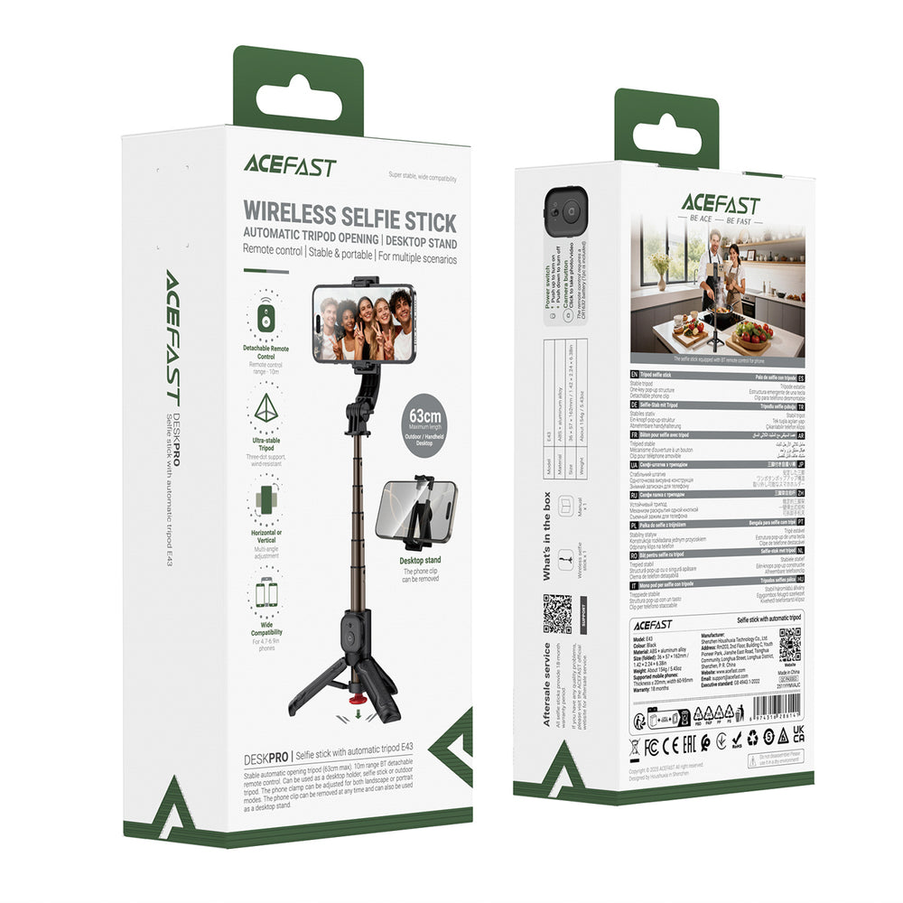 Acefast E42 Selfie Stick with Automatic Tripod and Bluetooth Remote Control 63 cm - Black