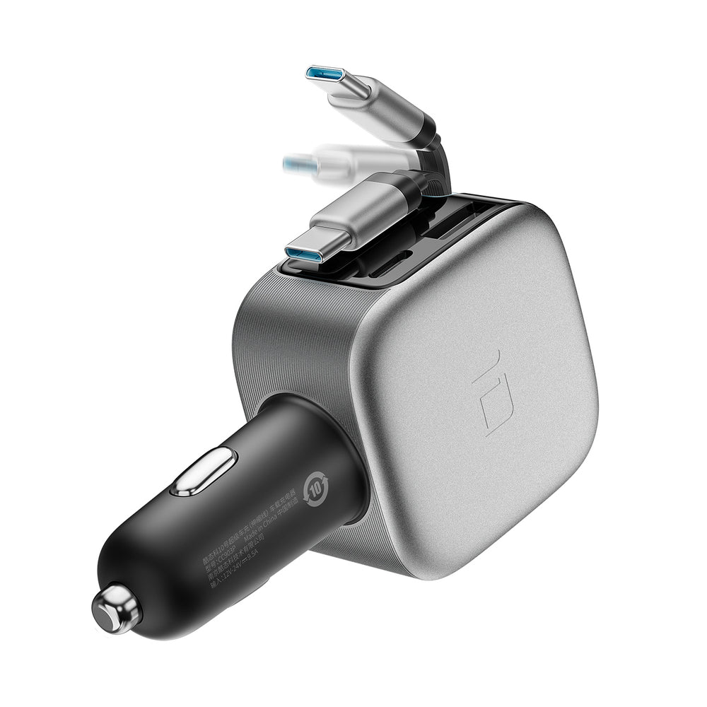 Cuktech CC903P 100W Car Charger with Display and 70cm Retractable USB-C Cable - Gray