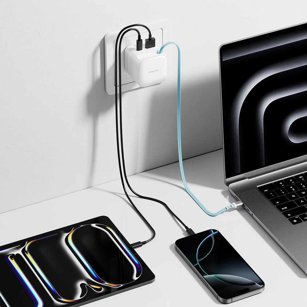Cuktech AD653W 67W GaN 2x USB-C + USB-A Wall Charger with 70cm Retractable USB-C Cable - White