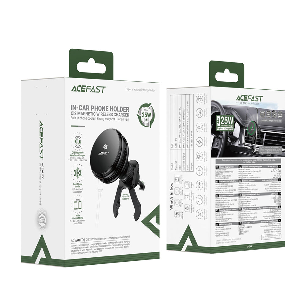 Acefast D66 Magnetic Car Air Vent Mount med Qi2 25W trådløs opladning og køling - sort