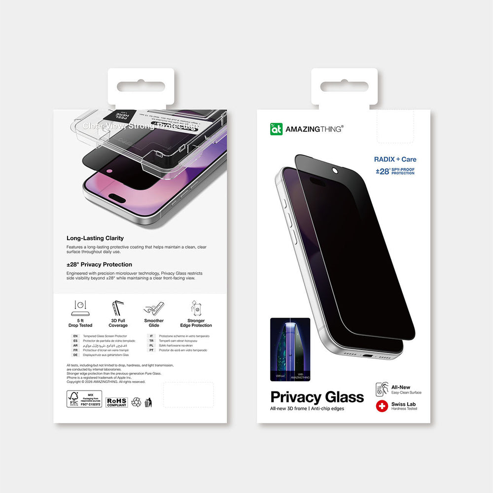 AmazingThing Radix +Care Privacy Glass til iPhone 18 Pro med monteringsramme