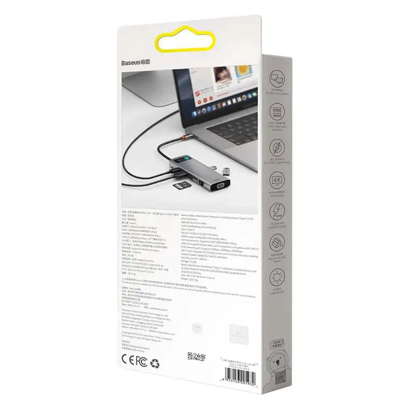 Hubin 9 Baseus Metal Gleam Series, USB-C til 3x USB 3.0 + HDMI + USB-C PD + Ethernet RJ45 + microSD / SD + VGA