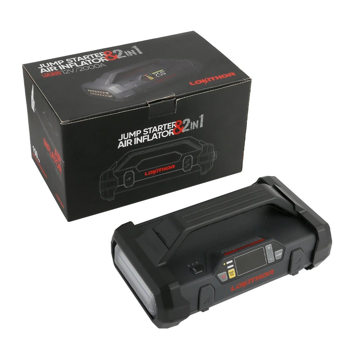 Lokithor JA301 Jump Starter / Booster 2000A + Powerbank 20000mAh + Kompressor + lommelygte 4-i-1-enhed