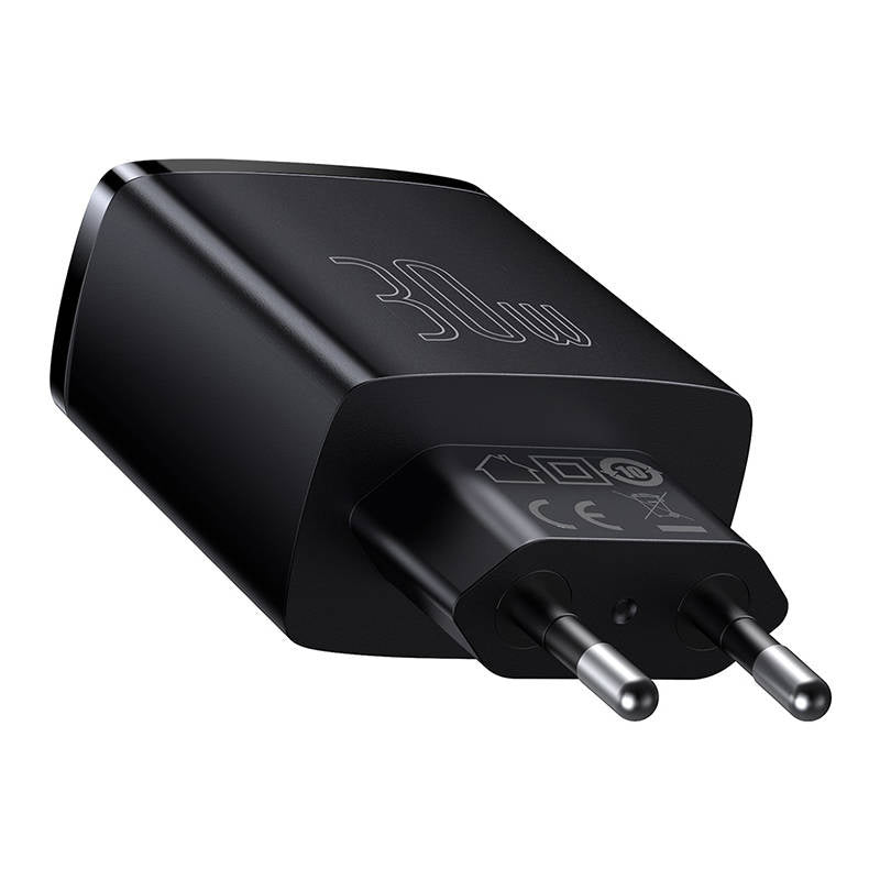 Oplader Baseus Compact Hurtigoplader, 2xUSB, USB-C, PD, 3A, 30W (czarna)