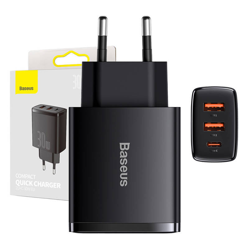 Oplader Baseus Compact Hurtigoplader, 2xUSB, USB-C, PD, 3A, 30W (czarna)