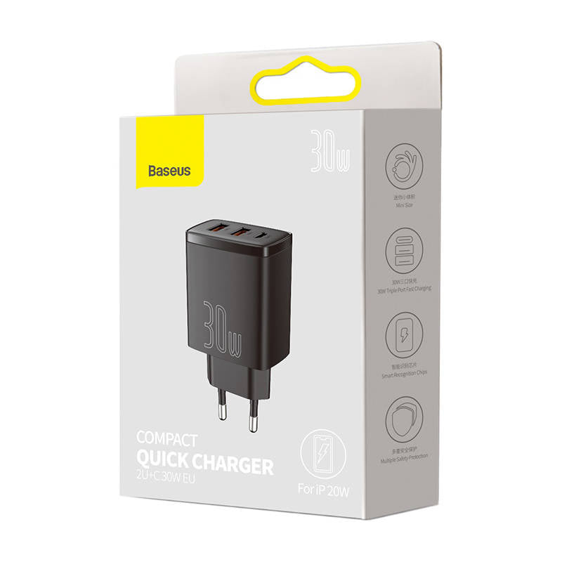 Oplader Baseus Compact Hurtigoplader, 2xUSB, USB-C, PD, 3A, 30W (czarna)