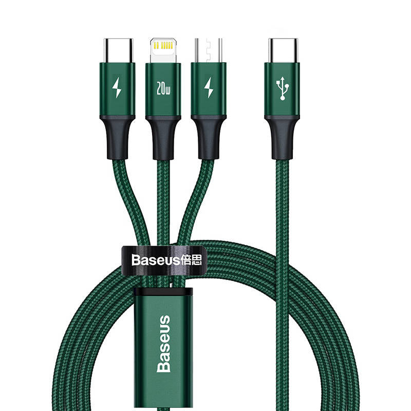 Baseus Rapid Series 3-i-1-kabel USB-C til M+L+T 20W 1,5m (grøn)