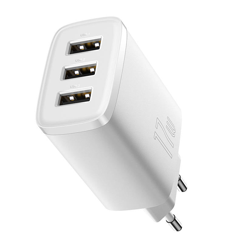 Baseus kompakte hurtigoplader, 3x USB, 17W (hvid)