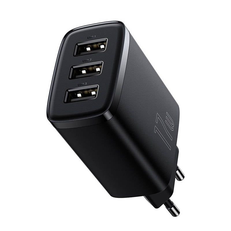 Baseus kompakte hurtigoplader, 3x USB, 17W (sort)