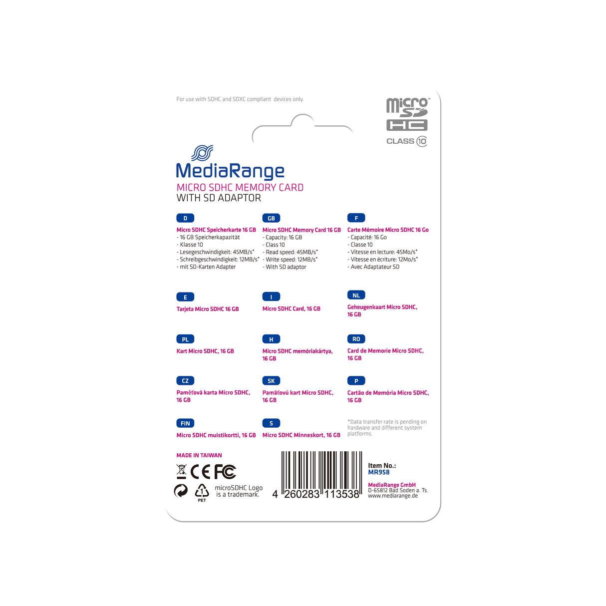 MediaRange MR958 hukommelseskort 16 GB MicroSDHC Klasse 10