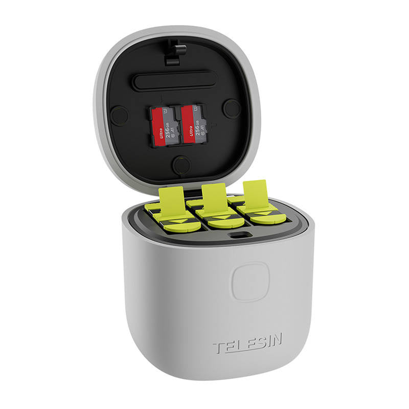 Allin boks Telesin vandtæt tre-kanals oplader + 2 batterier til GoPro Hero 12 / Hero 11 / Hero 10 / Hero 9 (GP-BTR-905-GY-B)
