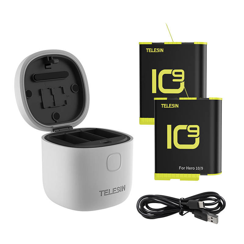 Allin boks Telesin vandtæt tre-kanals oplader + 2 batterier til GoPro Hero 12 / Hero 11 / Hero 10 / Hero 9 (GP-BTR-905-GY-B)