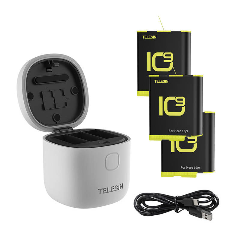 3-slot vandtæt oplader Telesin Allin boks til GoPro Hero 9 / Hero 10 / Hero 11 / Hero 12 + 3 batterier (GP-BTR-906-GY-B)
