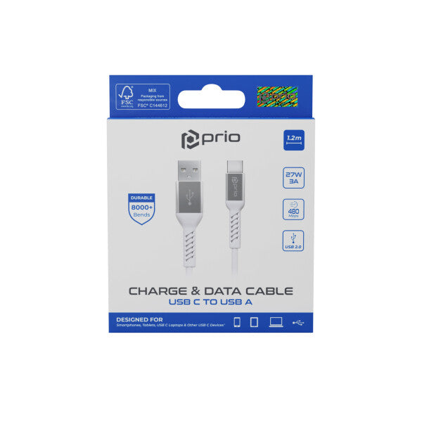 prio Opladnings- og datakabel USB C til USB A 1,2m hvid